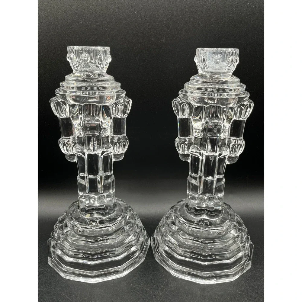 Vtg Pair Crystal Nutcracker Soldier Taper Candle Holders Lead Glass 8